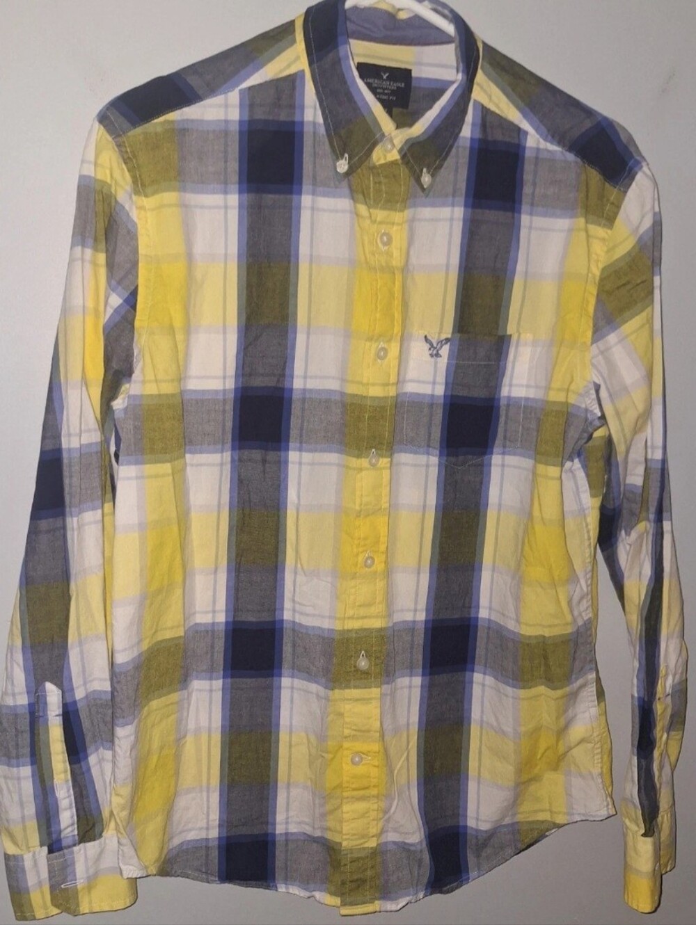 AMERICAN EAGLE Mens Sz M Blue Yellow Plaid Button-Down Long Sleeve Shirt Preppy